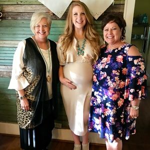 Tan off the shoulder maternity midi dress